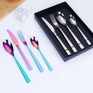 Besteckset aus 304 Edelstahl in poliertem Silber und Regenbogen-Optik mit flachem Griff