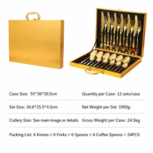 Ménagère de 24 pièces en acier inoxydable doré avec élégant coffret cadeau texturé