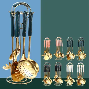 7-piece Nordic stainless steel kitchen utensil set with gold finish and ceramic handles