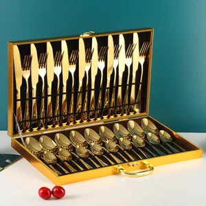 Luxe Service de Couverts en Acier Inoxydable 36 48 Pièces Avec Coffret Cadeau en Bois Doré Vaisselle Occidentale Polie Miroir Pour Mariage