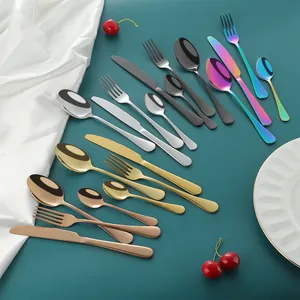 Modern 24-piece stainless steel cutlery set with mirror finish in five assorted colors