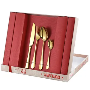 24-piece golden stainless steel cutlery set with knives and forks in premium gift box