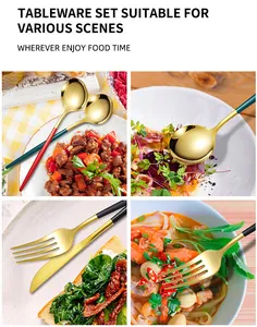 Macro detail of gold-plated stainless steel cutlery set for steak and salad dining