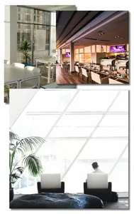 Vista de tres paneles que muestra oficina moderna, comedor e interiores de salón