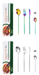 Détail du service de couverts 24 pièces en acier inoxydable arc-en-ciel et argent