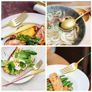 24-piece gold stainless steel cutlery set with multi-colored handles in various settings