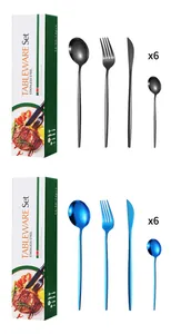 Vue détaillée du service de couverts 24 pièces en acier inoxydable noir mat et bleu vif