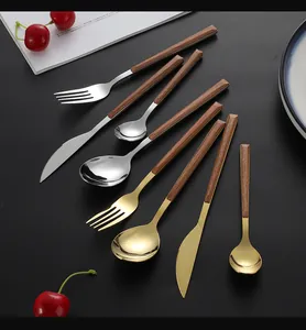 Detailed macro view of 430 stainless steel cutlery set with faux wood grain handles