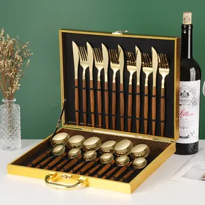 Modern Stainless Steel Knife Fork Spoon With Imitation Wood Grain Handle Mirror Polished Dinnerware For 6 Home Restaurant Dining Utensil Gift Case
