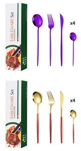 Dettagli del set di posate da 16 pezzi in acciaio inox viola e oro-rosso moderno