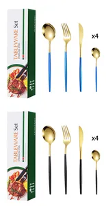 Dettaglio di set posate 4 pezzi in acciaio inox blu-oro e nero-oro con scatole regalo