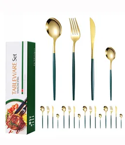 Detailed 20-piece stainless steel cutlery set with gold finish and matte green handles