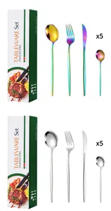 Detail view of rainbow and silver stainless steel cutlery sets in 16 to 24 piece packaging