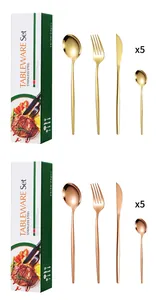 Polished gold and rose gold stainless steel cutlery set with elegant gift box packaging