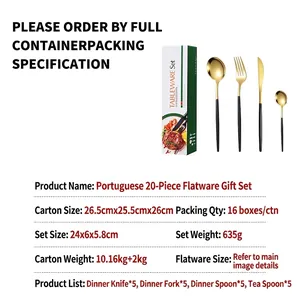 20-piece Portuguese style cutlery set in black and gold stainless steel with gift box