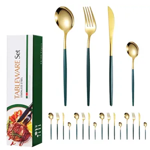 20-piece gold stainless steel cutlery set with dark green handles in a luxury gift box
