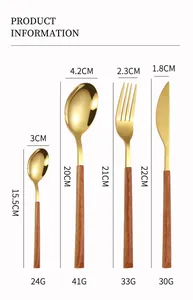 Size chart for 4-piece gold and wood handle flatware set with weight and height specs
