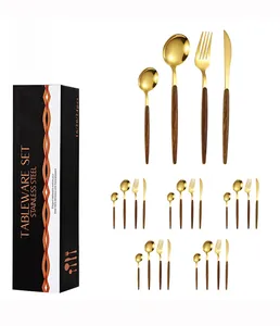 Detailed 24-piece stainless steel cutlery set with wood grain handles and gold finish