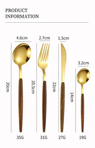 Detail view of 24-piece gold stainless steel cutlery set with wood-texture handles