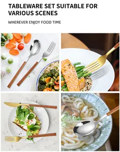Detailed scenes of stainless steel cutlery with wood-pattern handles in various meals