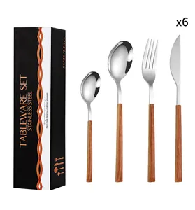 Détail du service de couverts 24 pièces en acier inoxydable avec manches imitation bois