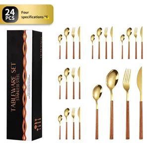 Ensemble de Couverts 24 Pièces en Acier Inoxydable Poignée Grain de Bois Vaisselle Or Argent Poli Miroir Couteau Fourchette Cuillère pour Mariage Fête