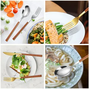 Set de couverts nordiques en acier doré avec manche en imitation bois en scènes de repas