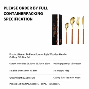 24-piece golden stainless steel cutlery set with wood-pattern handles in a black gift box