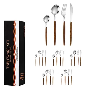 24-piece stainless steel cutlery set with wood-grain handles in black gift box