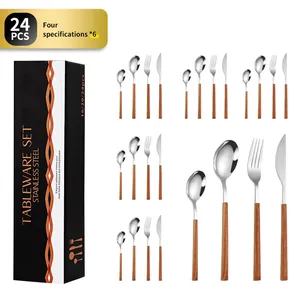 Ménagère 24 pièces en acier inoxydable avec manches en bois et coffret cadeau noir