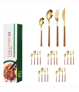 24-piece gold stainless steel cutlery set with wood-grain handles in a gift box