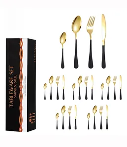 24-piece black and gold stainless steel cutlery set with elegant gift box packaging