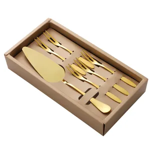9-piece gold stainless steel cake server and dessert fork set in elegant gift box