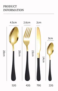 Detailed size chart for 24-piece black and gold stainless steel cutlery set components