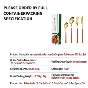 24-piece gold stainless steel cutlery set with wood handles and green gift box