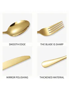 Detail of mirror-polished gold stainless steel cutlery set with sharp blade and thick handles