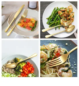 Detailed views of gold matte stainless steel cutlery set with various food dishes