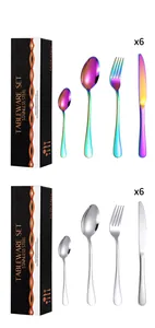 Detail view of 24-piece stainless steel cutlery set in rainbow and mirror silver finishes