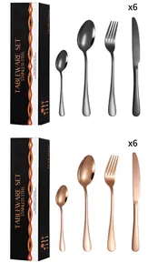Detail of 24-piece stainless steel cutlery set showing gunmetal and rose gold finishes