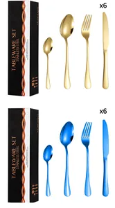 Detailed comparison of 24-piece gold and blue stainless steel cutlery sets in gift boxes