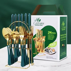 Juego de cubiertos de 24 piezas de acero inoxidable dorado y verde con soporte