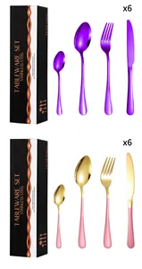 Detail of 24-piece stainless steel cutlery set with purple and gold finish in a gift box