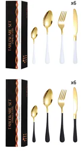 Detail view of 24-piece stainless steel cutlery set in gold, black and white finishes