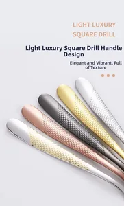 Detail of square drill handle design on luxury stainless steel cutlery in four colors
