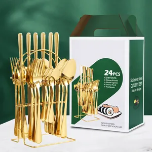 Juego de cubiertos de acero inoxidable dorado de 24 piezas con soporte minimalista