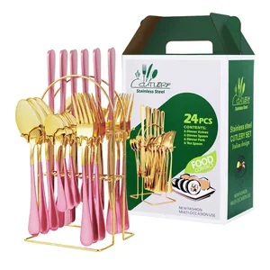 Juego de cubiertos de 24 piezas rosa y oro en acero inoxidable con soporte y caja