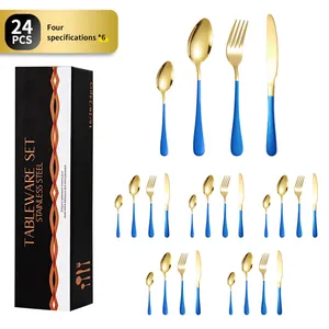 24-piece blue and gold stainless steel cutlery set with elegant black gift packaging