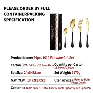 24-piece stainless steel cutlery set with black handles and gold finish in a gift box