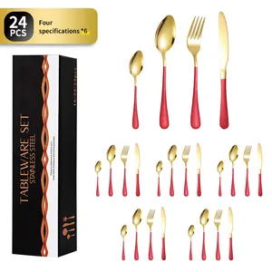 24-piece stainless steel cutlery set with gold finish and matte red handles in gift box