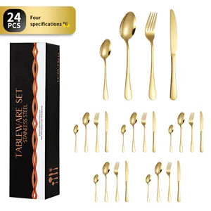 Golden 24-piece stainless steel cutlery set with mirror finish and elegant gift box